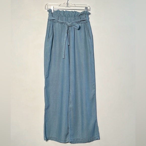 THREAD & SUPPLY Paper Bag Belt Waist Wide Leg Slouch Beach Demin Chambray pant S - Picture 2 of 16